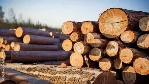 A pile of log trunks stacked neatly in a logging timber yard	 photo