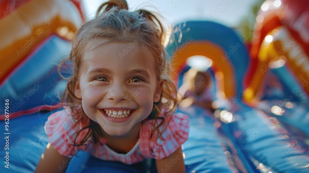 Cheerful Young Girl Enjoying Fun Time at Colorful Inflatable Playground Cheerful Young Girl Enjoying Fun Time at Colorful Inflatable Playground