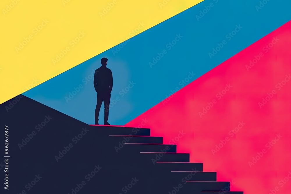 Silhouette against vibrant geometric background. Silhouette against vibrant geometric background.