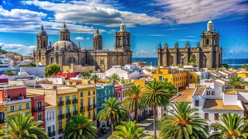 Vibrant cityscape of Las Palmas de Gran Canaria, with colorful buildings, palm-lined streets, and majestic Cathedral of Santa Ana against a bright blue sky.