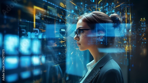 A woman in deep thought, connected to a digital neural network with glowing nodes.