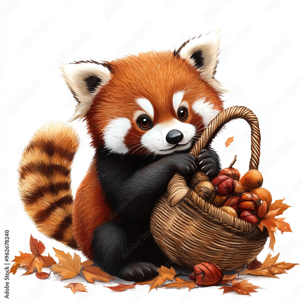 A red panda with a Thanksgiving cornucopia clipart, playful and whimsical, warm earthy tones, digital painting, isolated on white background A red panda with a Thanksgiving cornucopia clipart, playful and whimsical, warm earthy tones, digital painting, isolated on white background