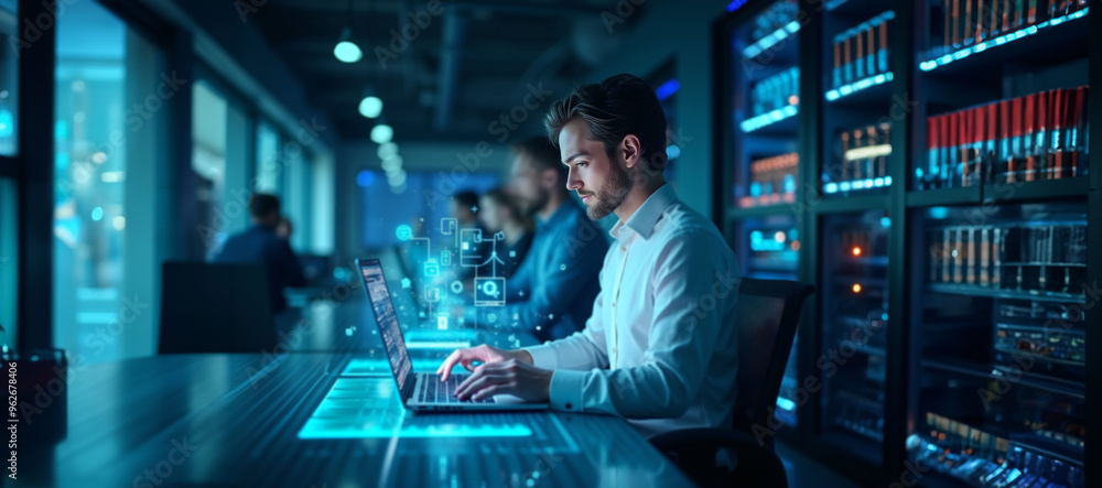 A white professional using a laptop in a high-tech environment with holographic displays, fiber optics, and co-workers in the background. A white professional using a laptop in a high-tech environment with holographic displays, fiber optics, and co-workers in the background.