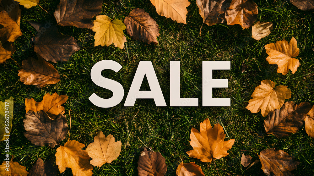 Bold white SALE text over vibrant autumn maple leaves on dark textured background for seasonal promotion Bold white SALE text over vibrant autumn maple leaves on dark textured background for seasonal promotion