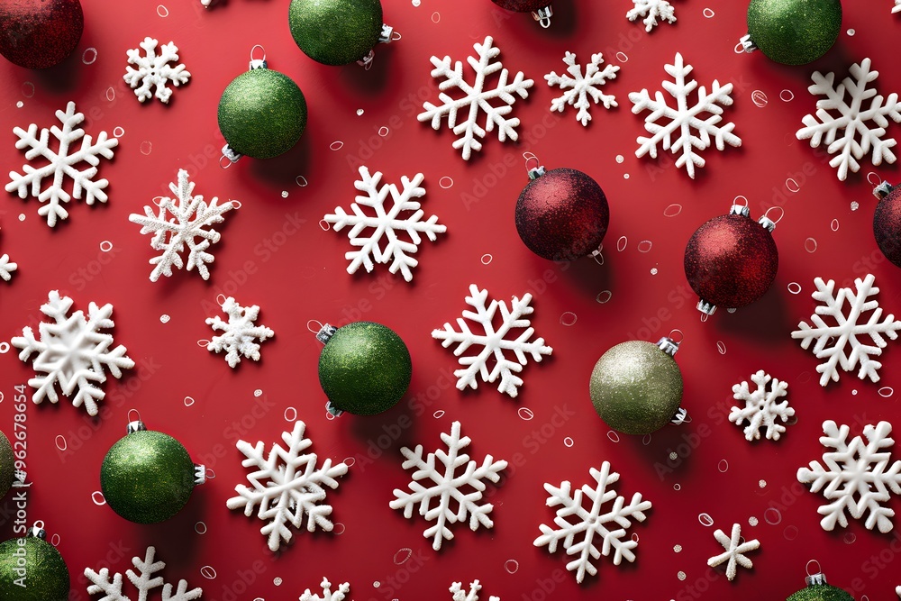 red background with white snowflakes and red and green Christmas ornaments red background with white snowflakes and red and green Christmas ornaments