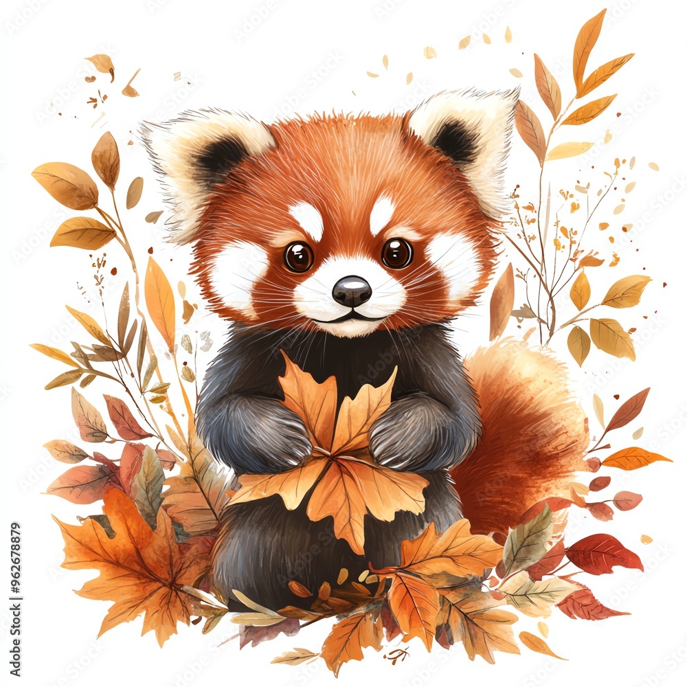 Obraz premium A Thanksgiving invitation with a red panda and autumn leaves clipart, charming and inviting, warm tones, digital illustration, isolated on white background