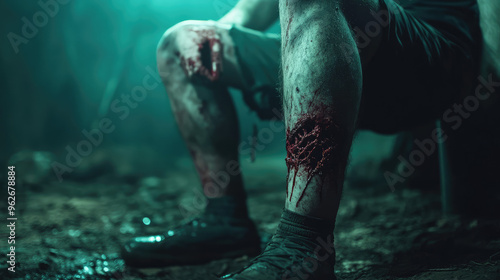 A man with bloody legs sits on a rock photo