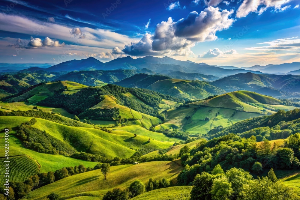 A Scenic View Of Verdant Hills And Mountains With Rolling Contours Under A Clear Blue Sky A Scenic View Of Verdant Hills And Mountains With Rolling Contours Under A Clear Blue Sky