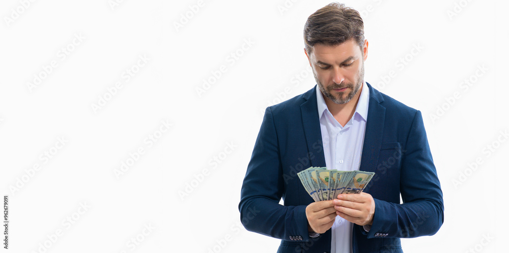 Man showing cash money in dollar banknotes. Portrait of business man isolated on white studio banner. Successful winner celebrating success or victory with money bills. Man showing cash money in dollar banknotes. Portrait of business man isolated on white studio banner. Successful winner celebrating success or victory with money bills.