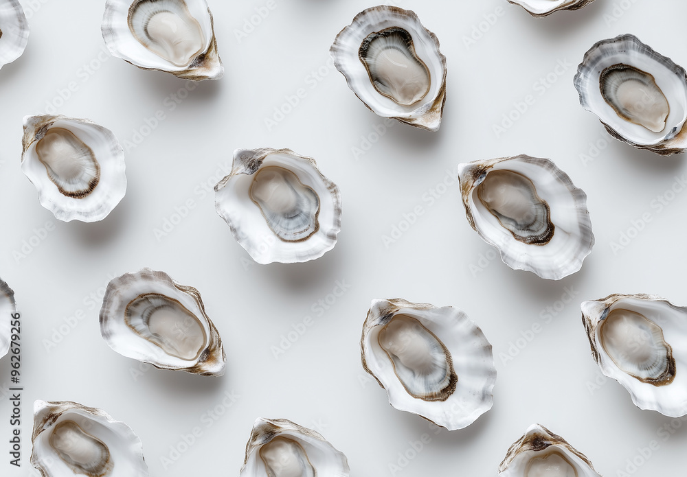 Open oyster shells arranged in a pattern on a white background Open oyster shells arranged in a pattern on a white background