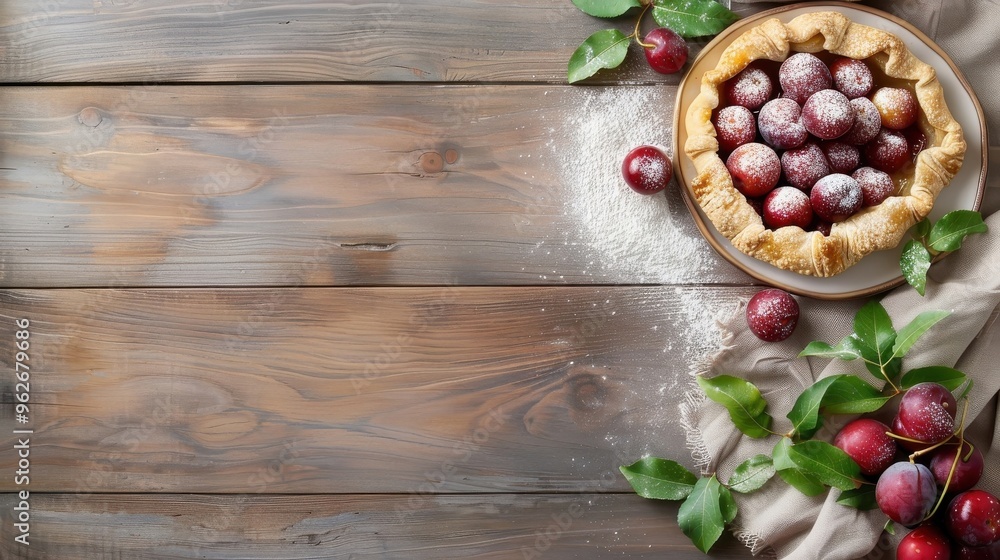 A warm, flaky plum galette on a rustic wooden table. A warm, flaky plum galette on a rustic wooden table.
