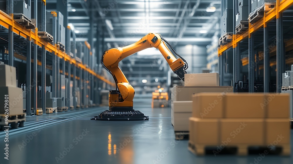 An industrial robotic arm in a warehouse setting, sorting and packing ...