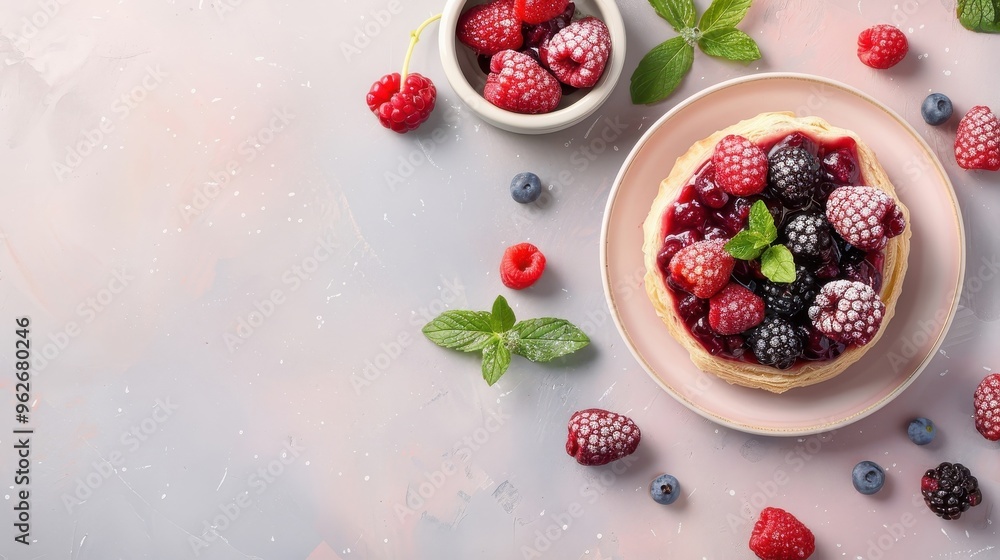 Mixed berry jam-filled pastries on a delicate plate, surrounded by fresh berries and a sprig of mint. Mixed berry jam-filled pastries on a delicate plate, surrounded by fresh berries and a sprig of mint.