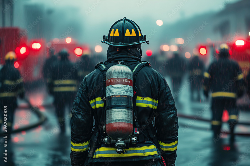 Obraz premium man in helmet on background of fire, Celebrations the hard work of firefighter on Firefighters Day,