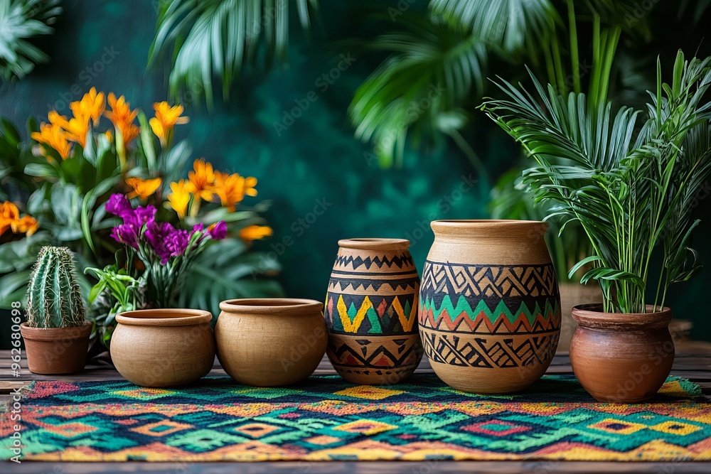 Fototapeta premium Colorful handmade pots with vibrant plants on a decorative rug in a tropical setting
