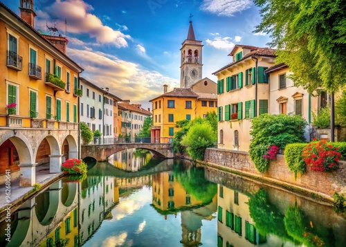 Vibrant colorful buildings line the tranquil canal in Treviso, Italy, with ornate bridges, lush greenery, and majestic clock tower rising above the picturesque scene. photo