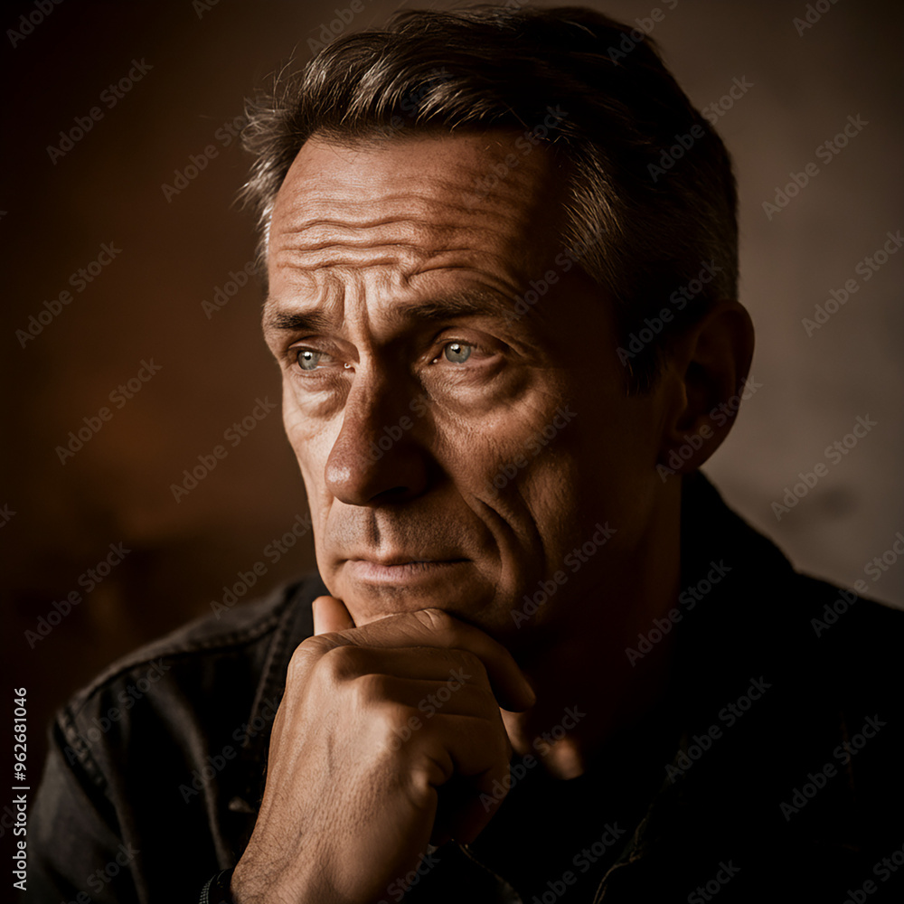A solitary figure, dramatically depicted as an attractive man in his middle years. A solitary figure, dramatically depicted as an attractive man in his middle years.