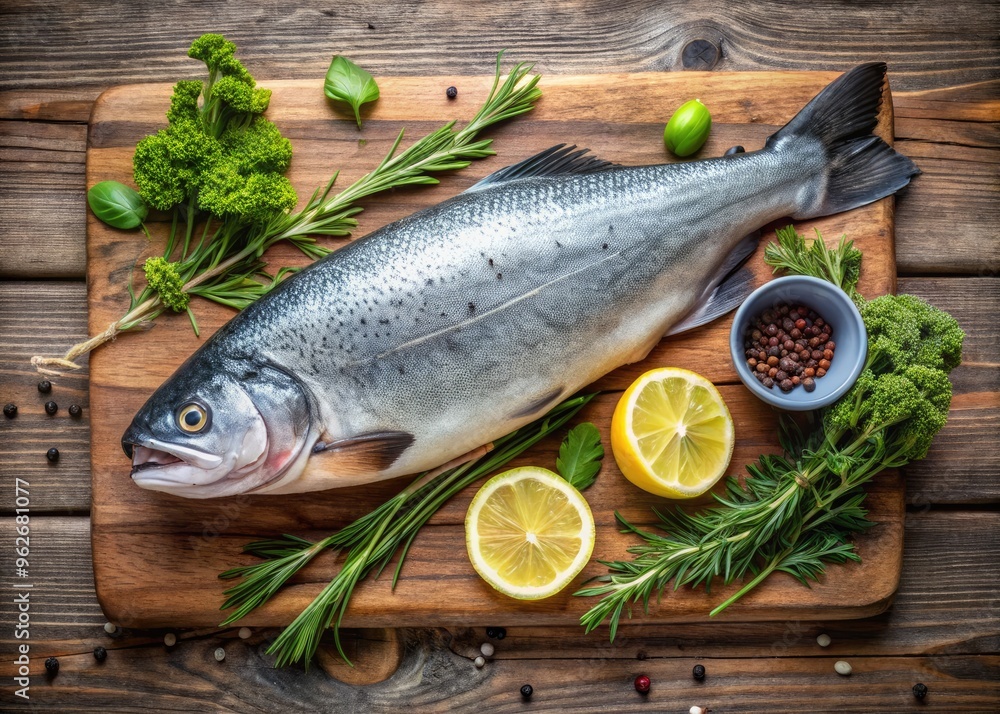 A Single Steelhead Fish, Displayed On A Cutting Board With Fresh Herbs And Lemon Wedges. A Single Steelhead Fish, Displayed On A Cutting Board With Fresh Herbs And Lemon Wedges.
