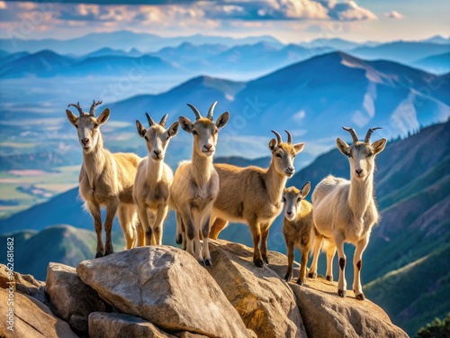 A Small Herd Of Mountain Goats Standing On A Rocky Mountain Ledge, With A Vast Landscape Of Hills And Valleys In The Distance photo