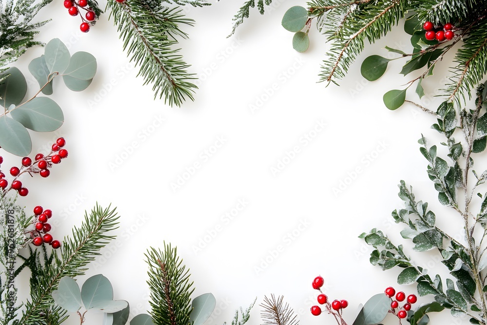 background winter greenery and berries on a white background, creating an elegant border for text background winter greenery and berries on a white background, creating an elegant border for text