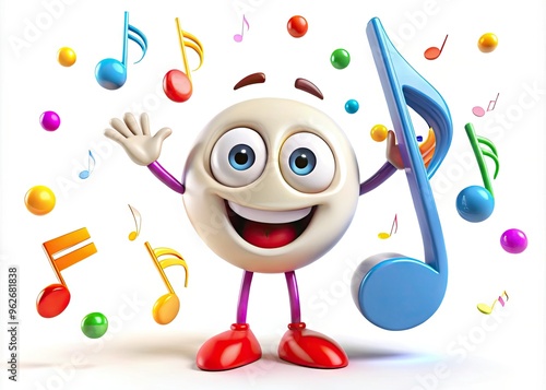 A Smiling Musical Note Character On A White Background, Surrounded By Musical Symbols And Colorful Accents. photo