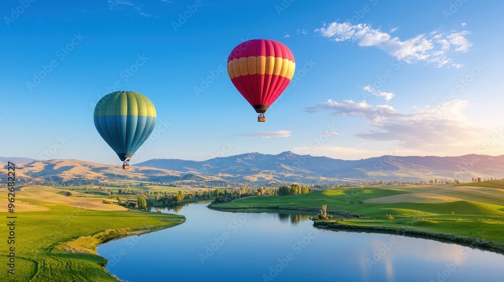 Naklejka premium Majestic Colorful Hot Air Balloons Soaring Above Picturesque Valley Landscape