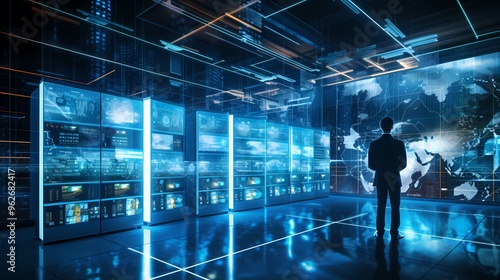 Futuristic digital cityscape with glowing lines and data servers