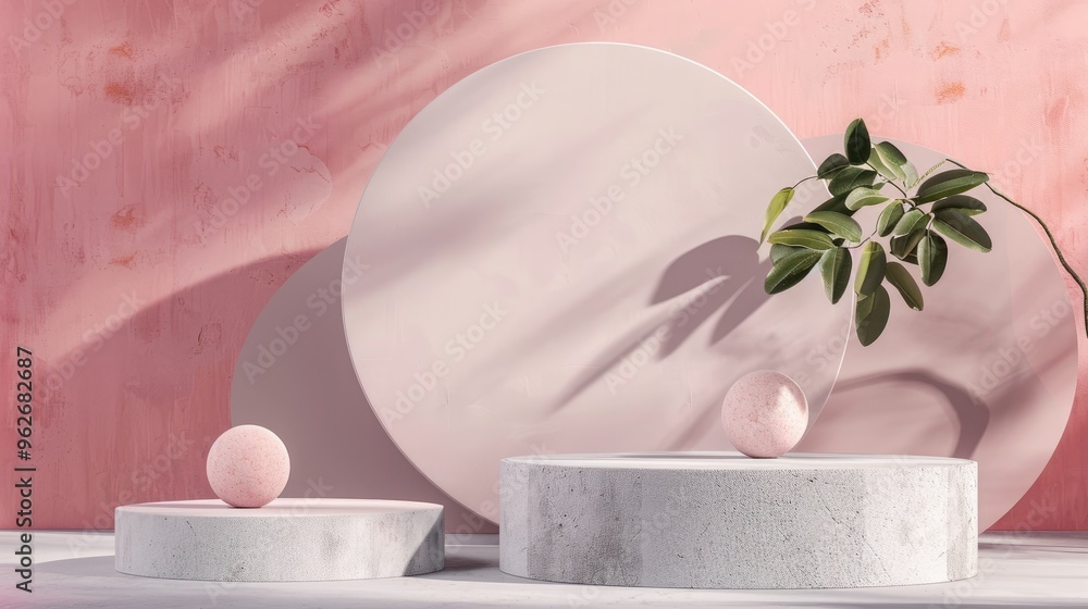 Mockup featuring geometric shapes on gradient background and cement podiums for cosmetics display. Mockup featuring geometric shapes on gradient background and cement podiums for cosmetics display.