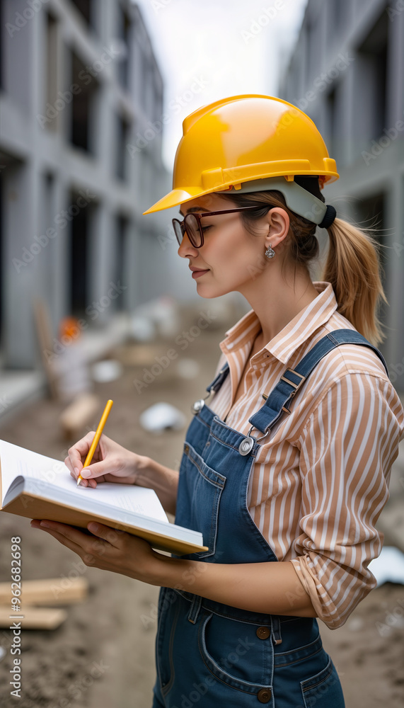 Fototapeta premium A female realtor in a hard hat stands on a construction site, taking notes in her notebook. This image is perfect for promoting real estate, construction projects, and women in the industry