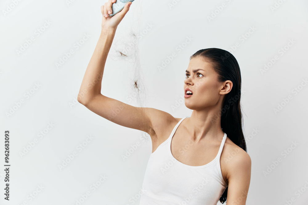 Woman using a spray can with a displeased expression, minimalistic style, white background, showcasing emotion and action in beauty or lifestyle context