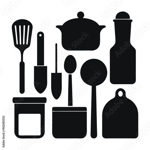 Essential kitchen tools silhouette vector collection.