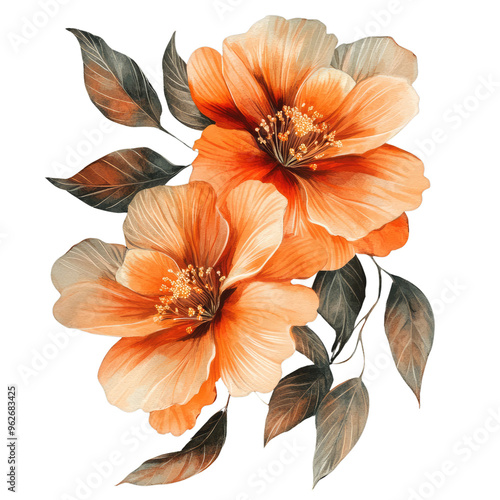 Wallpaper Mural Beautiful Orange Flowers in Watercolor Digital Illustration on White Background Torontodigital.ca