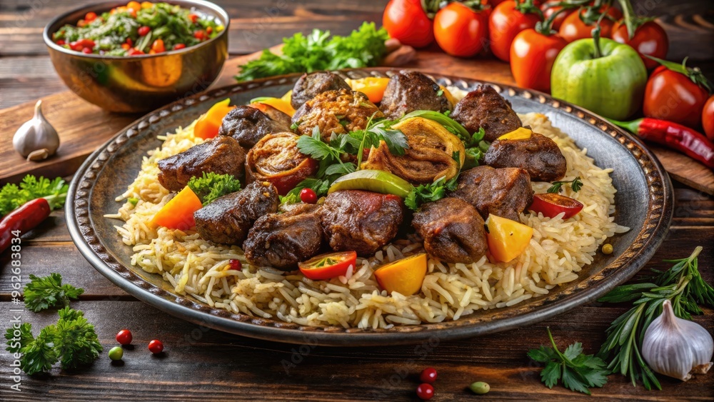 Authentic Afghan Dish Featuring A Heaping Portion Of Seasoned Rice Topped With Grilled Or Stewed Meats And A Variety Of Vegetables, Garnished With Fresh Herbs And Spices. Authentic Afghan Dish Featuring A Heaping Portion Of Seasoned Rice Topped With Grilled Or Stewed Meats And A Variety Of Vegetables, Garnished With Fresh Herbs And Spices.
