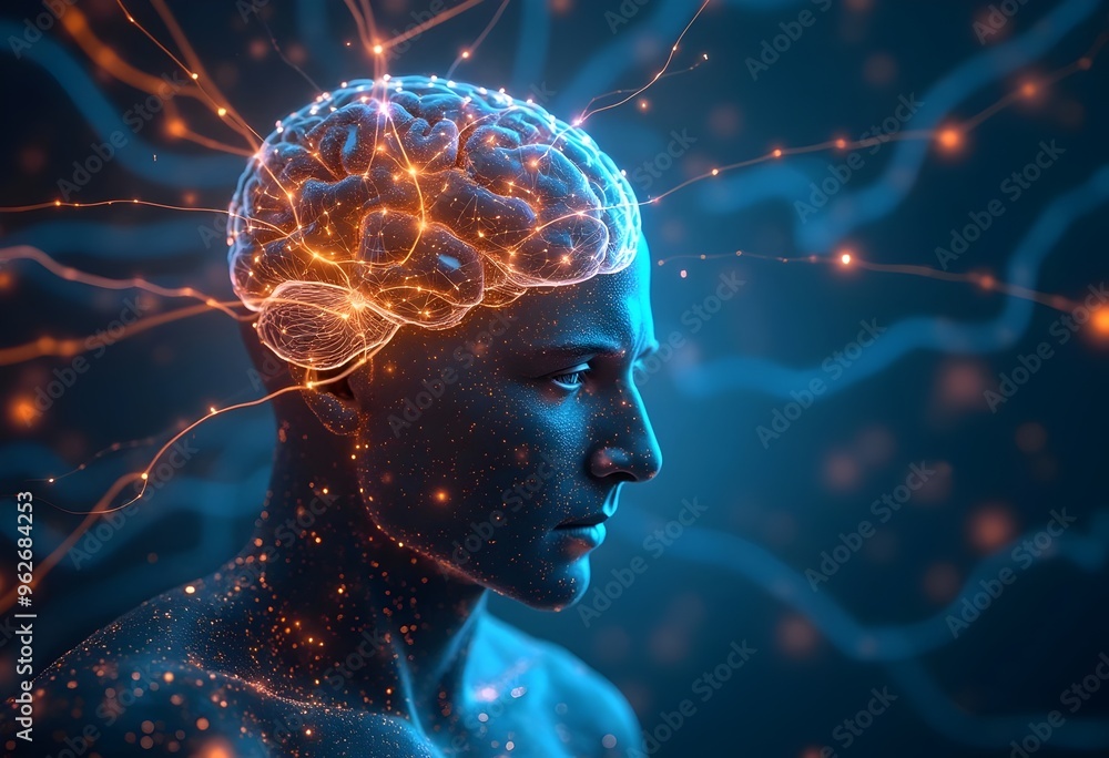 Digital illustration of a human brain with glowing neural pathways. Digital illustration of a human brain with glowing neural pathways.