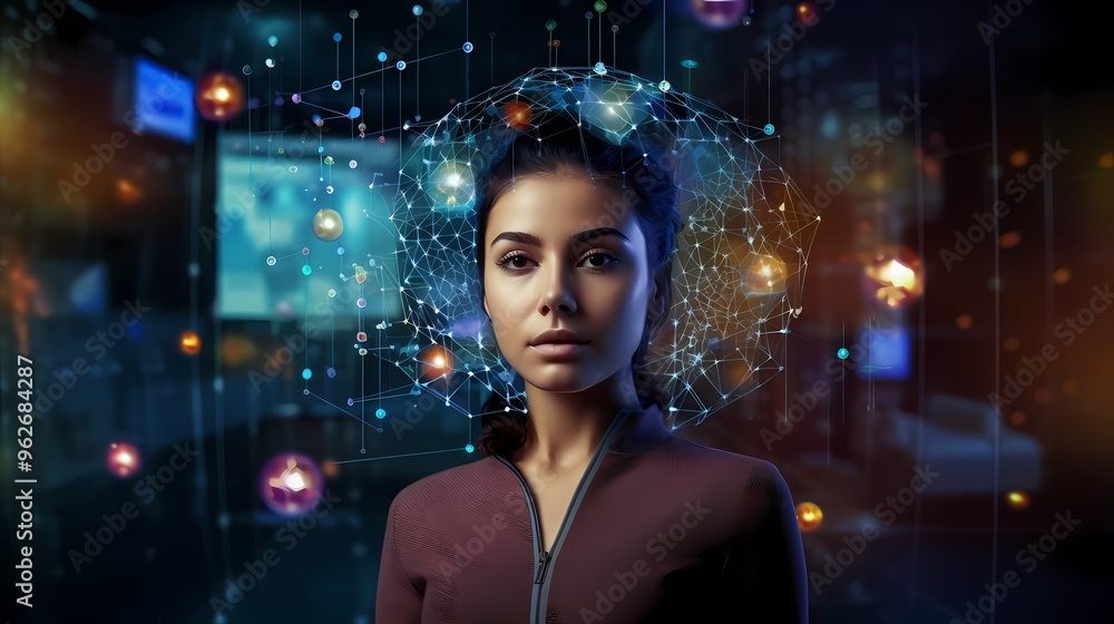 A woman in deep thought, connected to a digital neural network with glowing nodes. A woman in deep thought, connected to a digital neural network with glowing nodes.