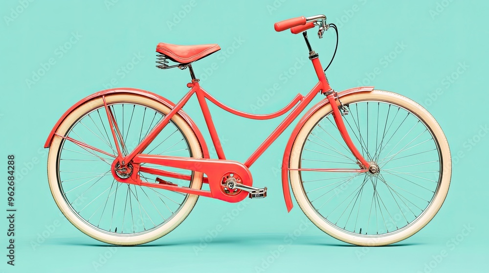 Fototapeta premium A vintage-style bicycle with a coral frame and white tires against a teal background.