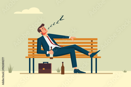 mid-life crisis concept art. drunk fatigued business man sitting alone on bench. mix feeling of stress - depression -bored - anxiety.  