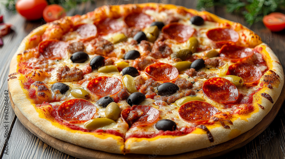 asty pizza with salami and cheese on black background asty pizza with salami and cheese on black background