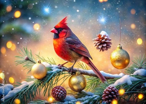 A Vibrant And Spirited Red Cardinal Perched On A Snow-Covered Pine Branch, Surrounded By Festive Ornaments And A Warm Winter Glow. photo