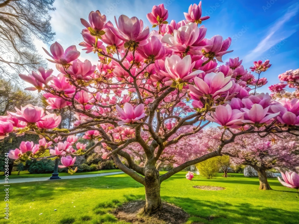 A Vibrant Cherry Magnolia Tree In Full Bloom With Delicate Pink Flowers And Lush Green Leaves, Creating A Picturesque Spring Scene. A Vibrant Cherry Magnolia Tree In Full Bloom With Delicate Pink Flowers And Lush Green Leaves, Creating A Picturesque Spring Scene.