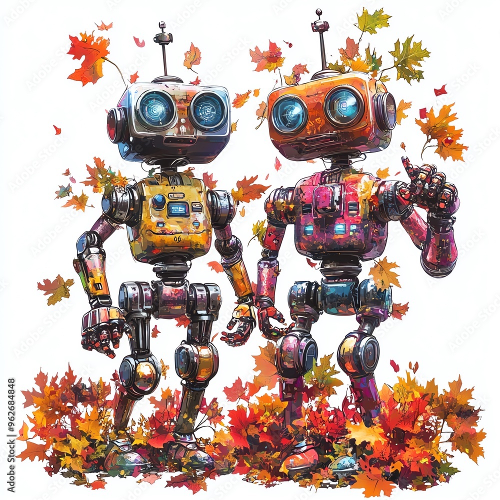 A Thanksgiving parade with robot-themed floats and metallic decorations clipart, festive and futuristic, vibrant autumn hues, digital painting, isolated on white background A Thanksgiving parade with robot-themed floats and metallic decorations clipart, festive and futuristic, vibrant autumn hues, digital painting, isolated on white background