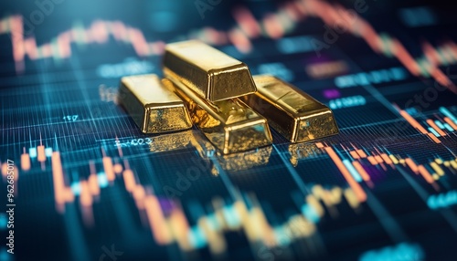 Gold bars on a stock market chart with fluctuating graphs, symbolizing the relationship between gold prices, interest rates, and stock market trends.