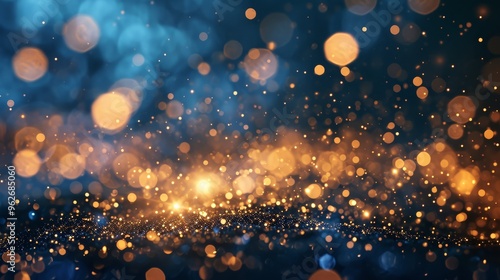 Golden light shine particles bokeh on navy blue background. Holiday. Abstract background with Dark blue and gold particle, shine, bright, sparkle, magical, glittering, texture, effect, space