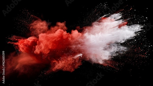 red and white explosion of dust and debris. The red and white colors are vibrant and eye-catching, creating a sense of energy and excitement. The image is dynamic and full of movement, as the dust photo