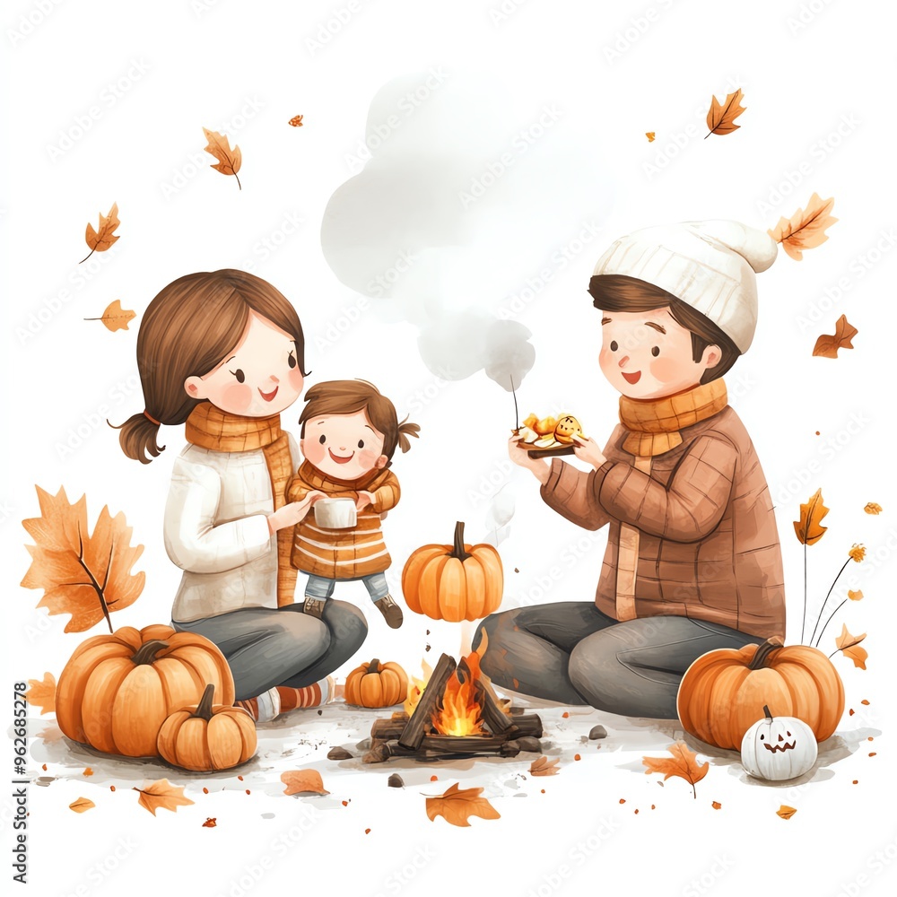 A family making s'mores with Thanksgiving pumpkin decorations clipart, cozy and fun, autumn hues, digital illustration, isolated on white background A family making s'mores with Thanksgiving pumpkin decorations clipart, cozy and fun, autumn hues, digital illustration, isolated on white background
