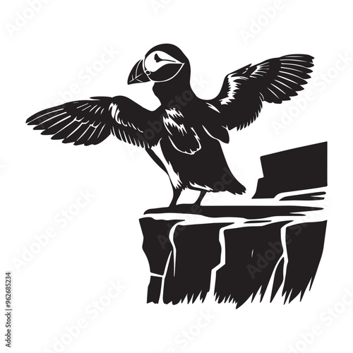 Fratercula arctica Silhouette – Atlantic Puffin Vector Illustration in black and white