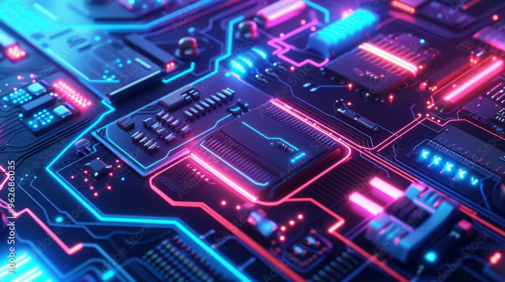 A close-up view of a high-tech digital circuit board illuminated by neon lights in blue and pink hues. The detailed components and vibrant lighting make this image ideal for showcasing advanced A close-up view of a high-tech digital circuit board illuminated by neon lights in blue and pink hues. The detailed components and vibrant lighting make this image ideal for showcasing advanced