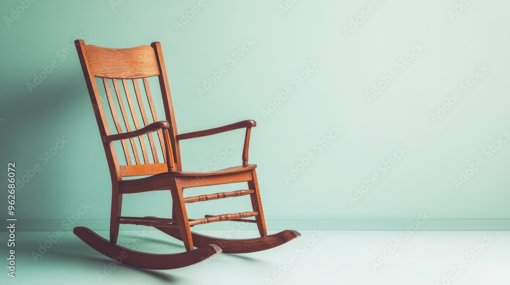A wooden rocking chair positioned against a light-colored wall, creating a serene atmosphere. A wooden rocking chair positioned against a light-colored wall, creating a serene atmosphere.