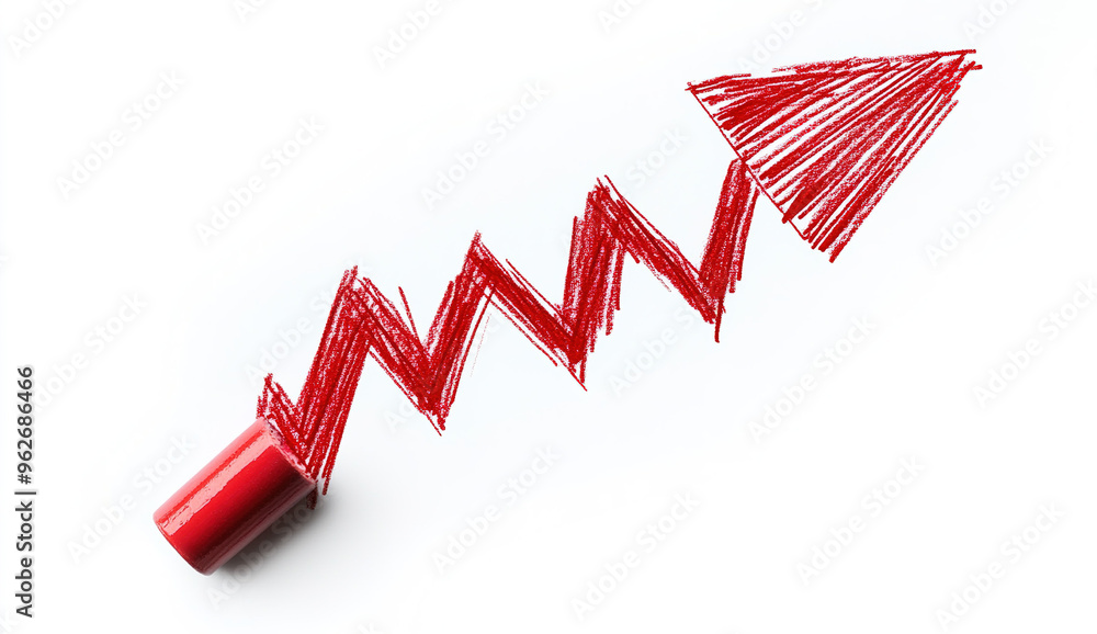 Illustration of a Red Crayon Arrow Forming an Upward Trend Against a White Background, Captured in High Resolution to Represent Growth Illustration of a Red Crayon Arrow Forming an Upward Trend Against a White Background, Captured in High Resolution to Represent Growth