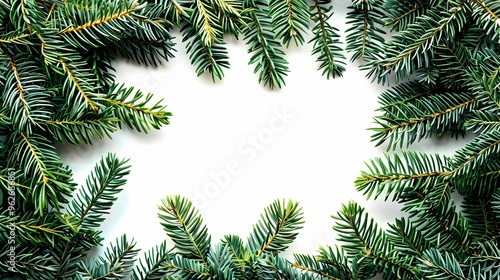 A lush, green foliage background with various fir branches creating a natural frame.